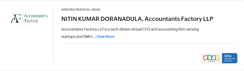 Accountants Factory LLP listed on Zoho's Find an Accountant directory as a Zoho Advanced Partner